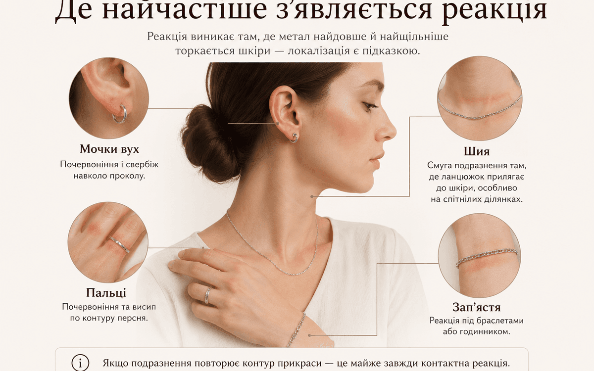 локалізація алергії на срібло: мочки вух, шия, пальці, зап'ястя