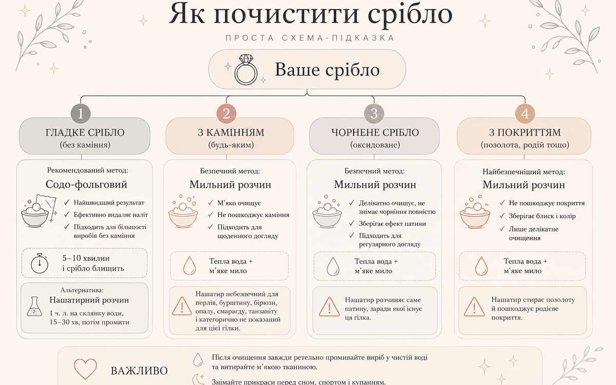 Інфографіка — як обрати спосіб чищення срібла залежно від типу виробу