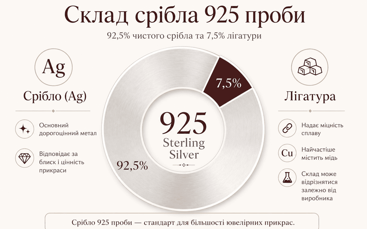 склад срібла 925 проби: 92,5% срібла і 7,5% лігатури